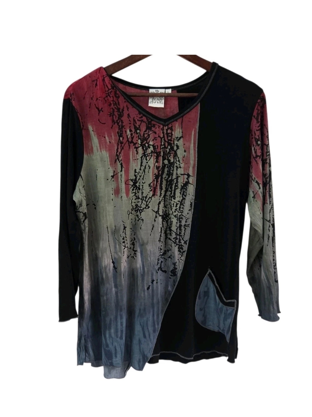 Parsley & Sage Art To Wear Tunic Top Pocket V Neck 3/4 Sleeves Womens Size L